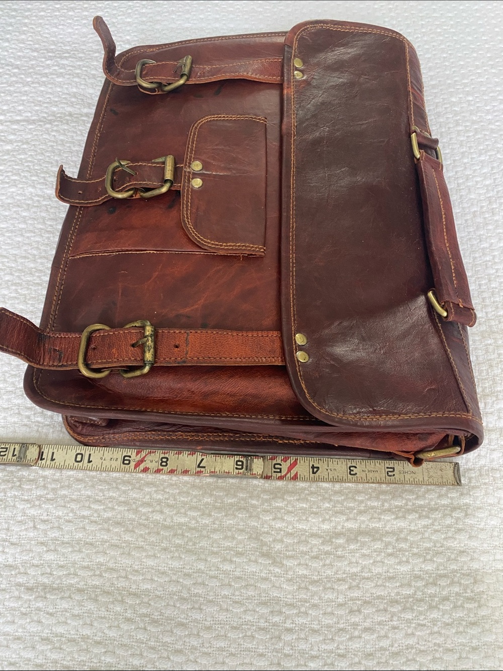 Vintage Brown Leather Messenger Bag with Brass Hardware - Picture 10 of 13